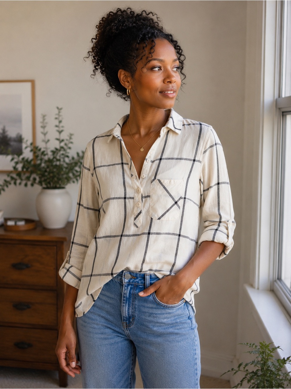 Woods Priestly Plaid Linen Blend Roll Tab Shirt XS Cream Black
